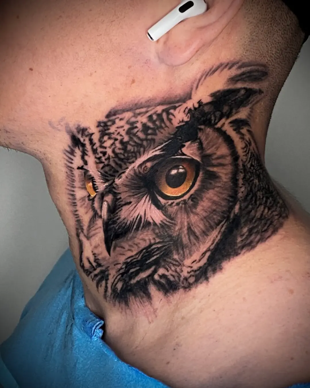 Animal tattoo Chicago owl tattoo symbolic of wisdom and spirituality at Black Atlas Studios
