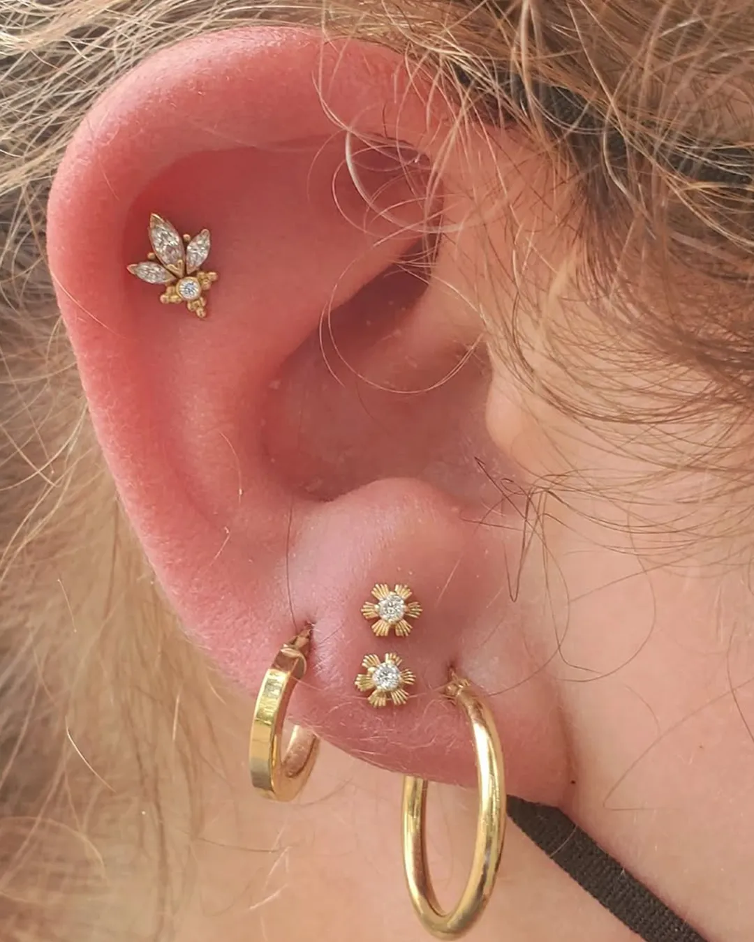 madeline kelso stacked lobe and flat piercings goldjewelry