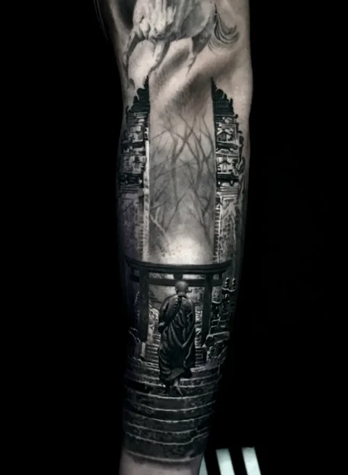 Nelson-Aviles-black-and-grey-tattoo-of-a-samurai-warrior-with-architectural-elements