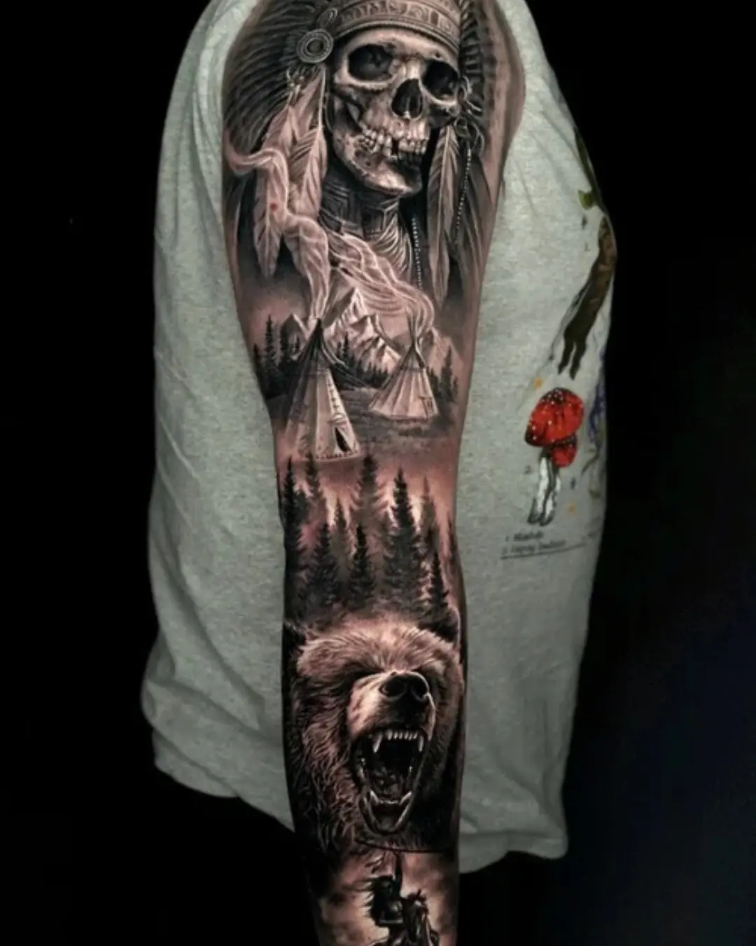 Surrealism-tattoo-of-a-bear-tipi-and-forest-elements-with-spiritual-female-figure-merging-shamanic-themes