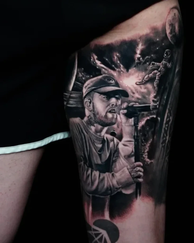 Surrealism tattoo of a construction worker hammering beneath floating astronauts, blending labor and dreams