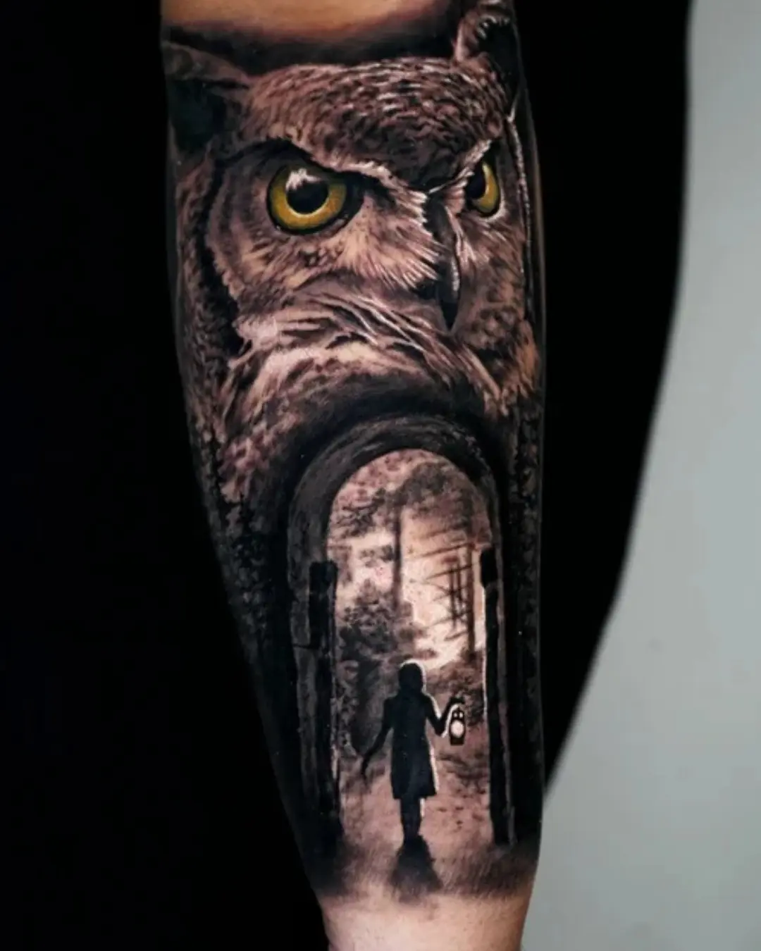 Surrealism tattoo of a lone figure walking through a mystical portal framed by ruins and fog