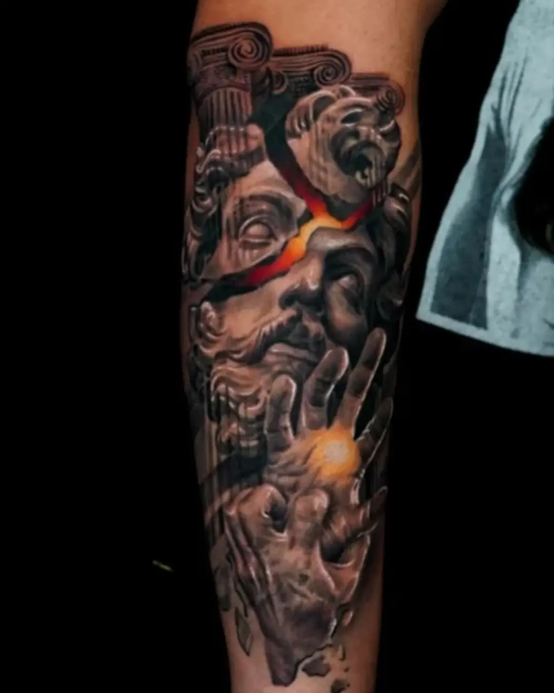 Surrealism tattoo of a mythical gods face cracked by lightning merging divine power with destruction