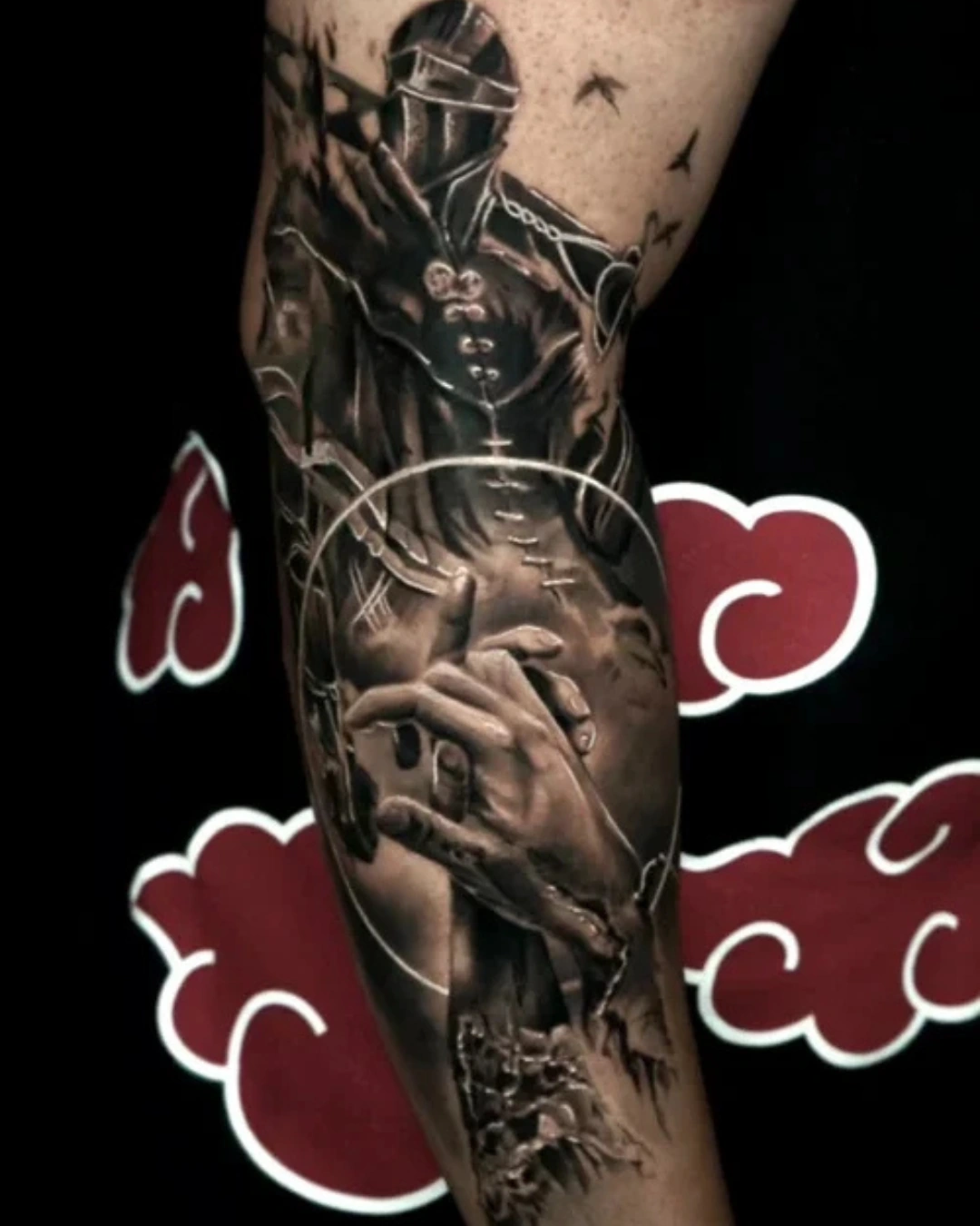 Surrealism-tattoo-of-a-samurai-walking-through-a-foggy-shrine-with-a-symbolic-beam-of-light