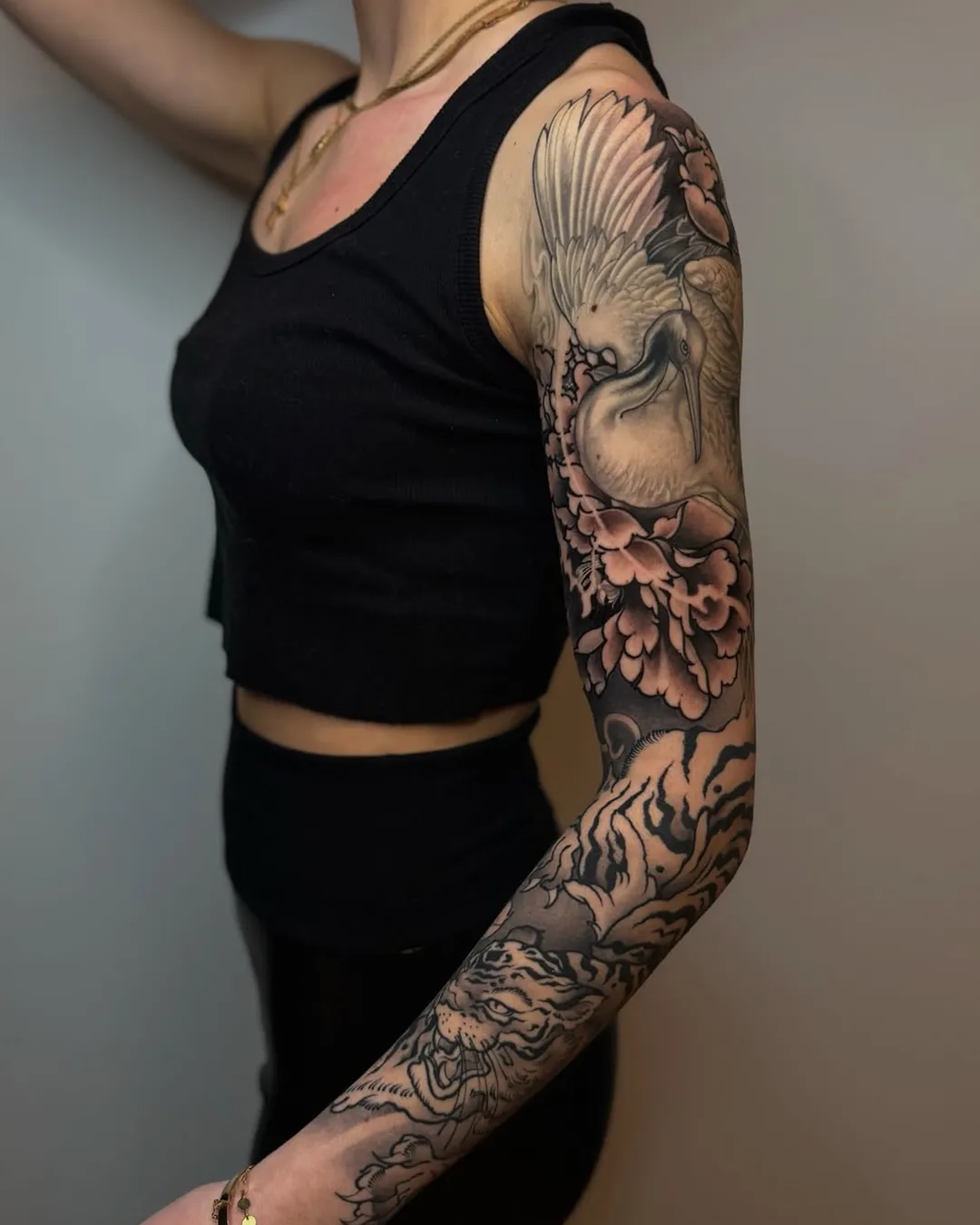 sofiia tattoo artist chicago sleeve tattoo crane tiger