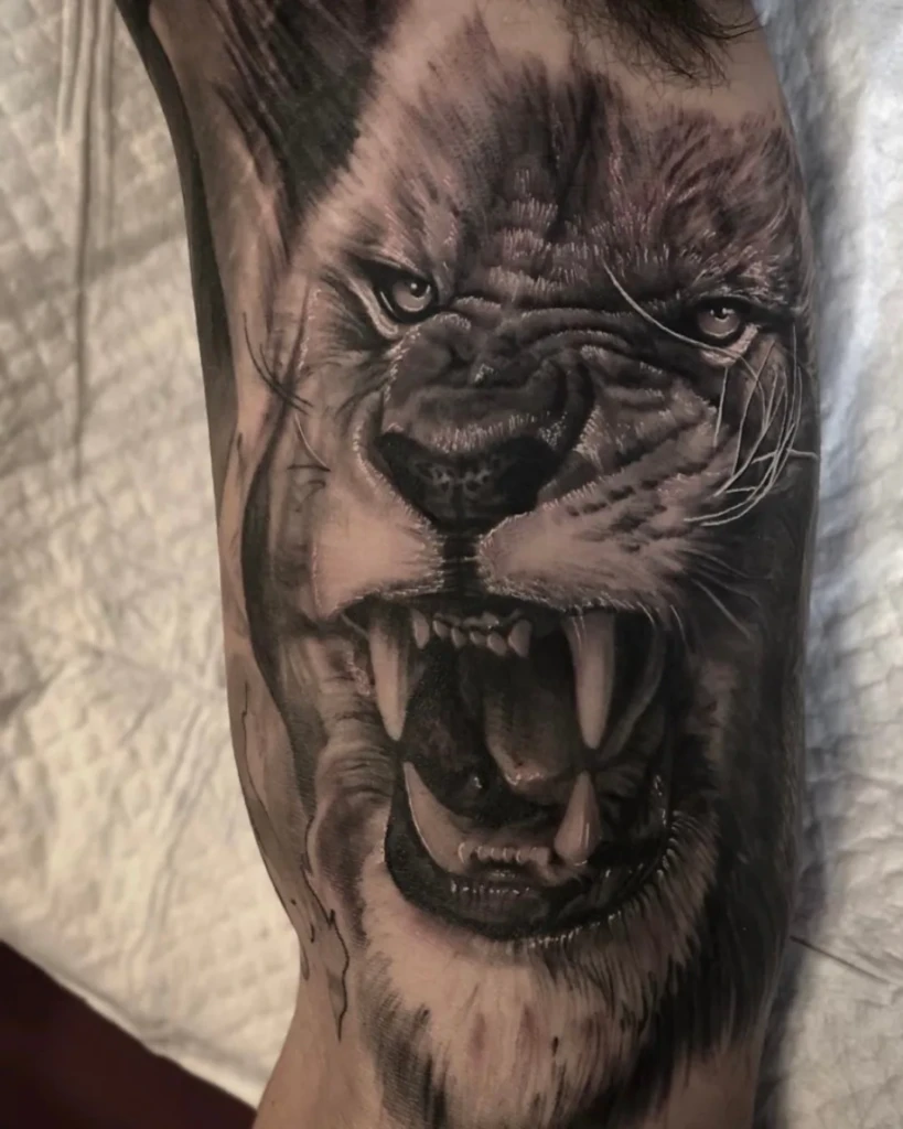Animal tattoo Chicago lion tattoo fortune-bringing with roaring symbolic detail