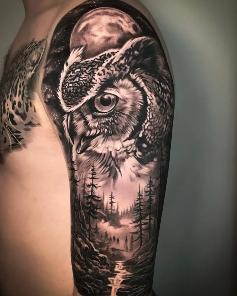 Animal tattoo Chicago owl tattoo evoking intuition and spiritual prosperity in geometric style