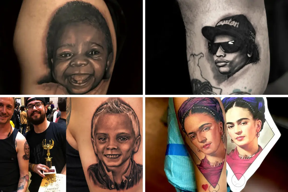 black and grey family portrait tattoo of three generations in one piece